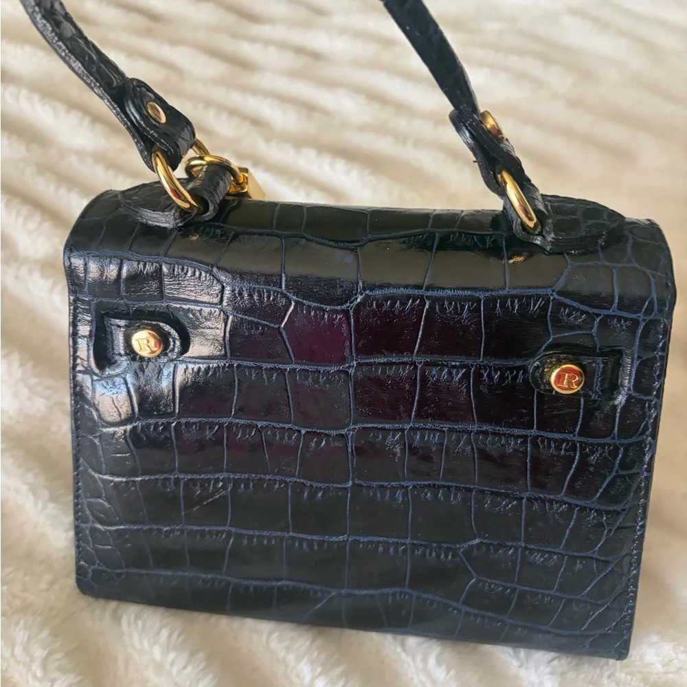 Black Croc-Embossed Top Handle Satchel with Gold Hardware - Picture 4 of 7